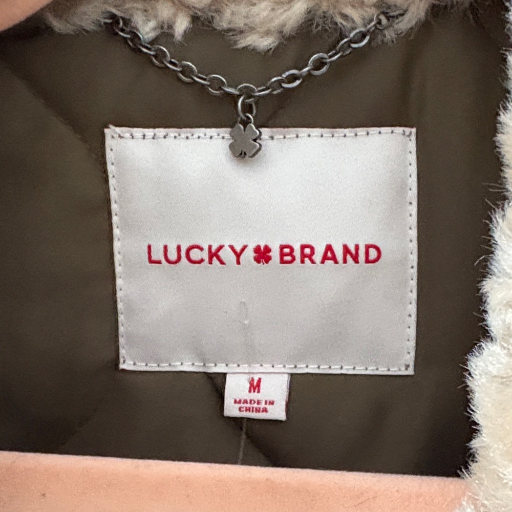 Lucky Brand Olive Green Quilted Jacket with Cream Sherpa Collar - Picture 2 of 5